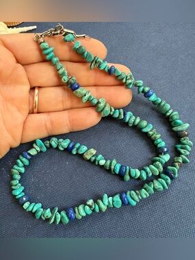 VTG Genuine Turquoise & Lapis Lazuli Bead Chip Choker Necklace Boho 925 Sterling